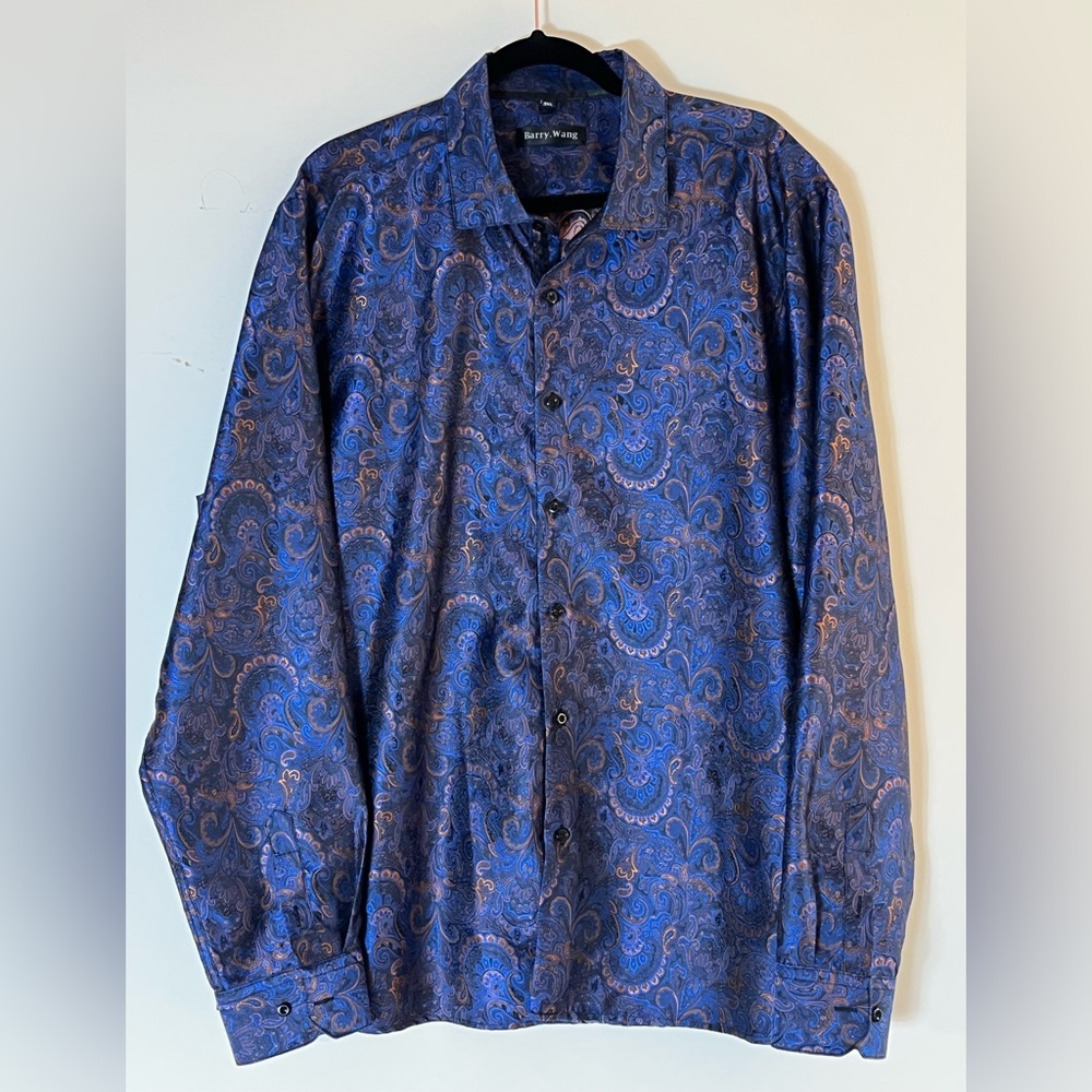 Barry.Wang Men’s Blue & Gold Paisley Silk & Polyester Dress Shirt Size 3XL